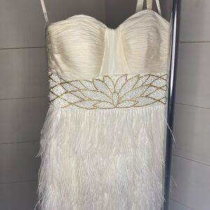 Elegant Cream Feather Dress with Gold Accents